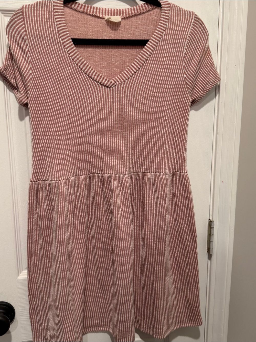 Caution to the Wind Women’s Pink White Striped V Neck Babydoll Dress